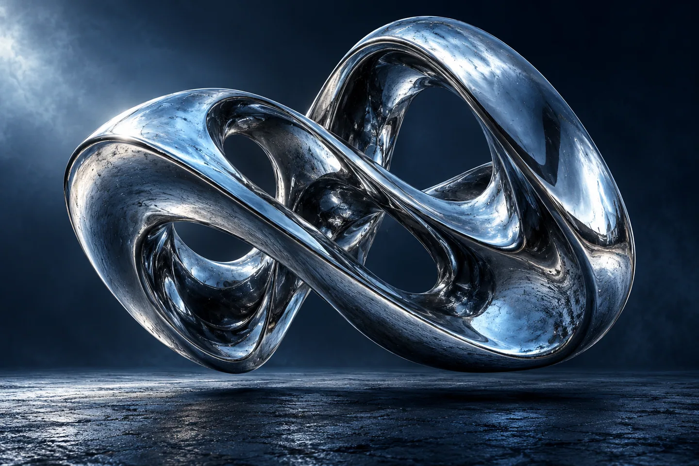 A sculptural liquid chrome loop hovering above a deep blue concrete surface.